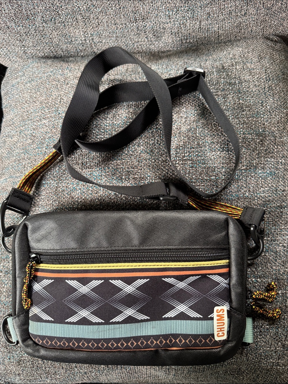 Men's Black Crossbody Bag with Patterned Front Panel